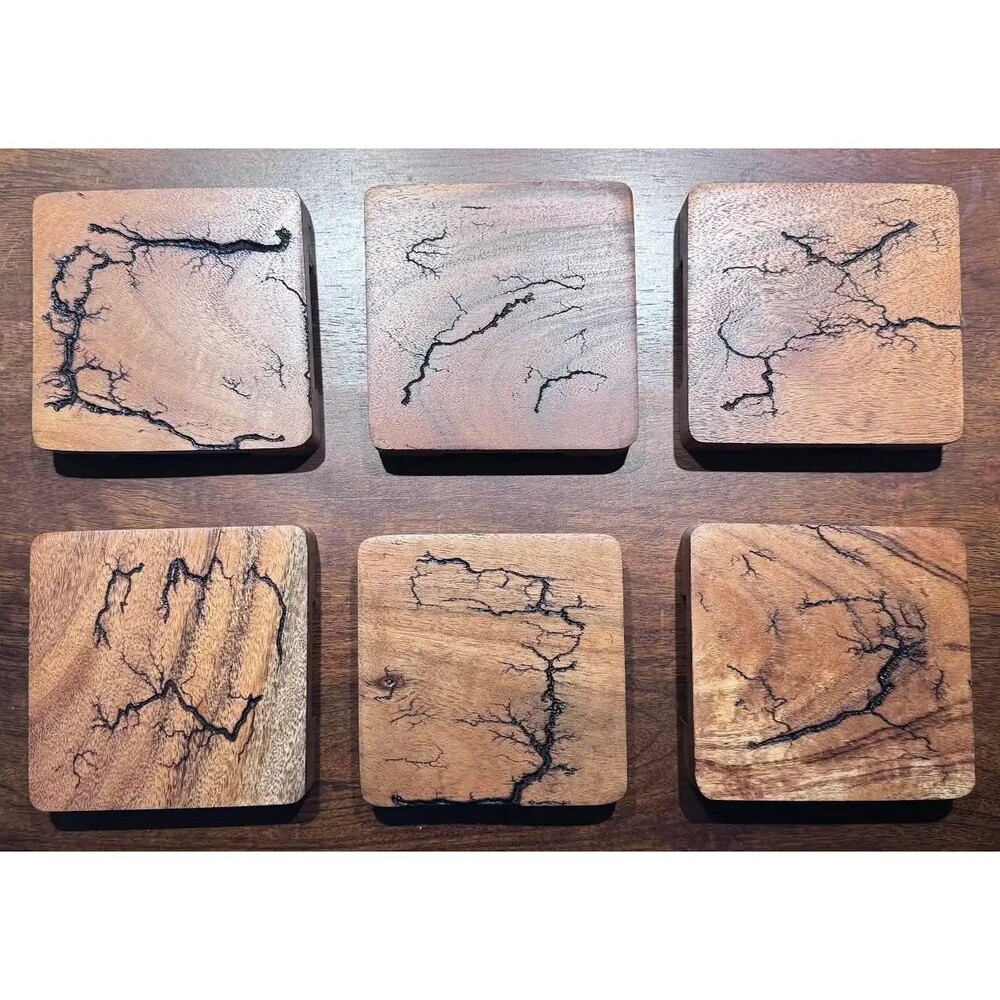 Handmade Lichtenberg Fractal Wood Burn Coasters Set of 6 – Frozen Lightning